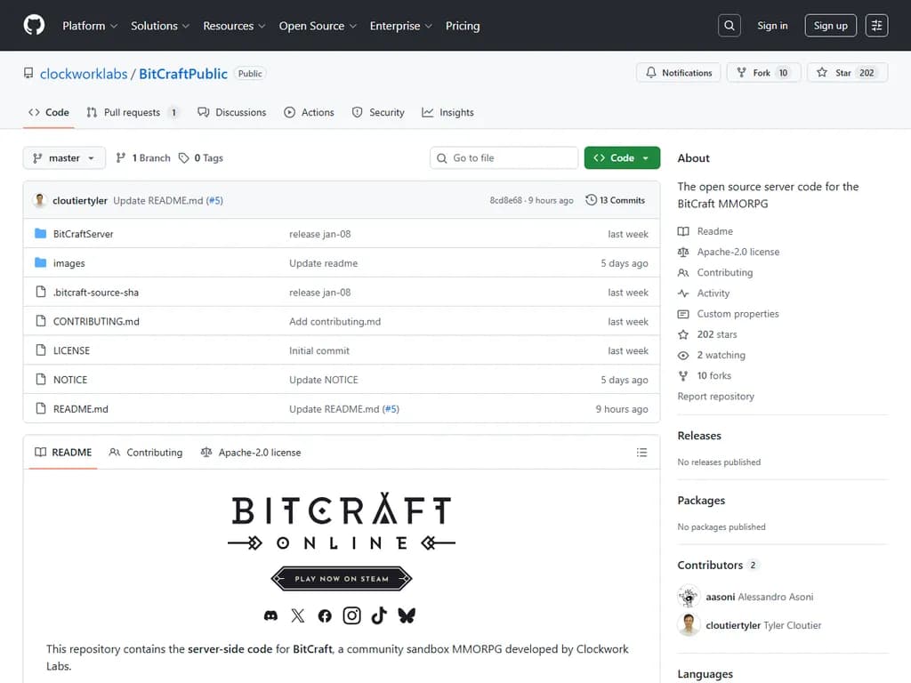 ビットクラフトMMORPGのオープンソースサーバーコード