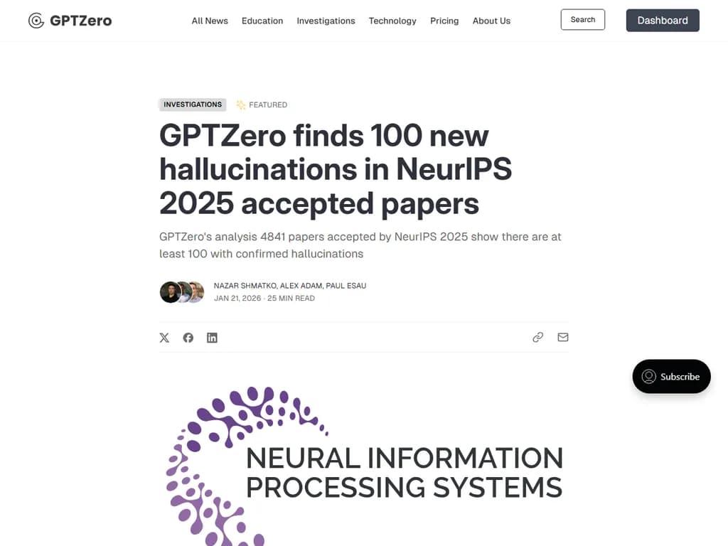 **GPTZero、NeurIPS 2025受理論文で新たに100件の幻覚現象を発見**