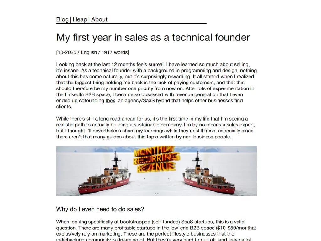 **ファーストイヤー体験**
* テクノロジー創業者として営業に挑んだ最初の一年。