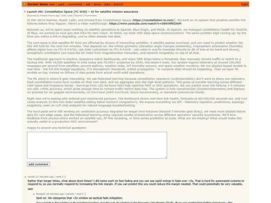 **Launch HN:Constellation Space(YC W26)**
*人工衛星ミッション保証のためのAI*