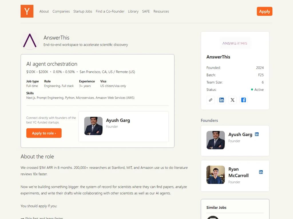 AnswerThis(YC F25)は採用活動中です。