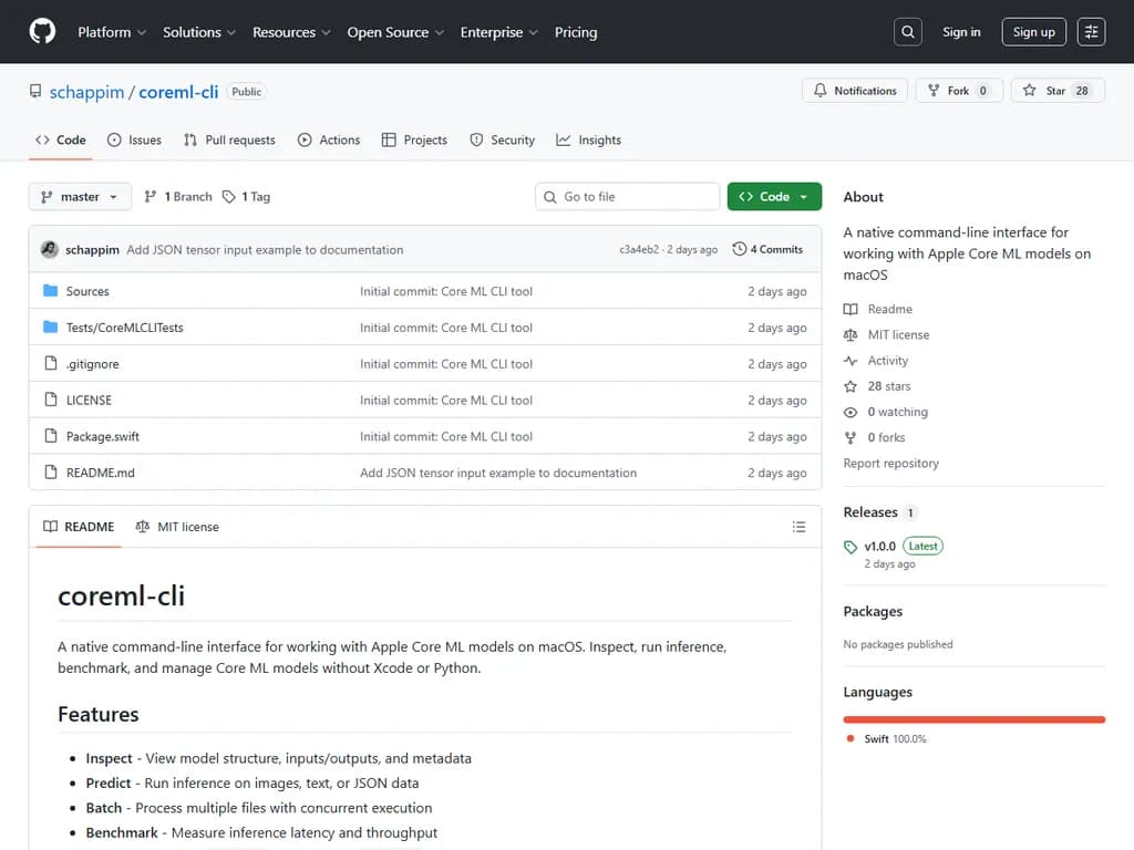 Show HN:Apple Core ML モデルを扱うためのCLI
(Note: "Show HN" is a Hacker News title format; translated as 「Show HN」.)