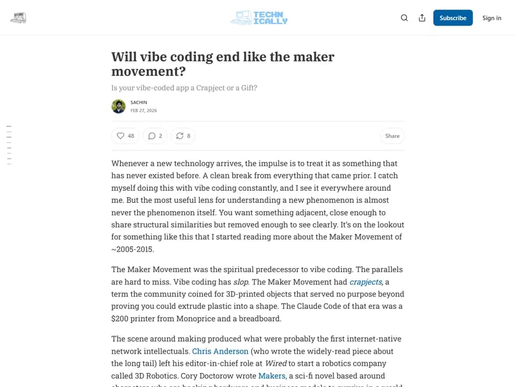 質問は、「バイブコーディング」がマイカー運動のように消えてしまうかどうかです。
両者ともDIY精神を共有していますが、いくつかの要因からバイブコーディングは継続する可能性があります。
1. **デジタル接続性** – 物理的な改造と違い、コーディングはクラウドサービスやリモート協働に依存しているため、完全に消えることは難しいです。
2. **継続的なイノベーション** – ローコードプラットフォームなど新しいフレームワークが登場し、実践を停滞させるのではなく進化させています。
3. **広範な普及** – コーディングスキルは世界中の学校で教えられるようになり、趣味人だけにとどまらない大規模なユーザー層へ拡がっています。
結論として、バイブコーディングはマイカー運動のように終わるのではなく、変容し適応していく可能性が高いと言えます。