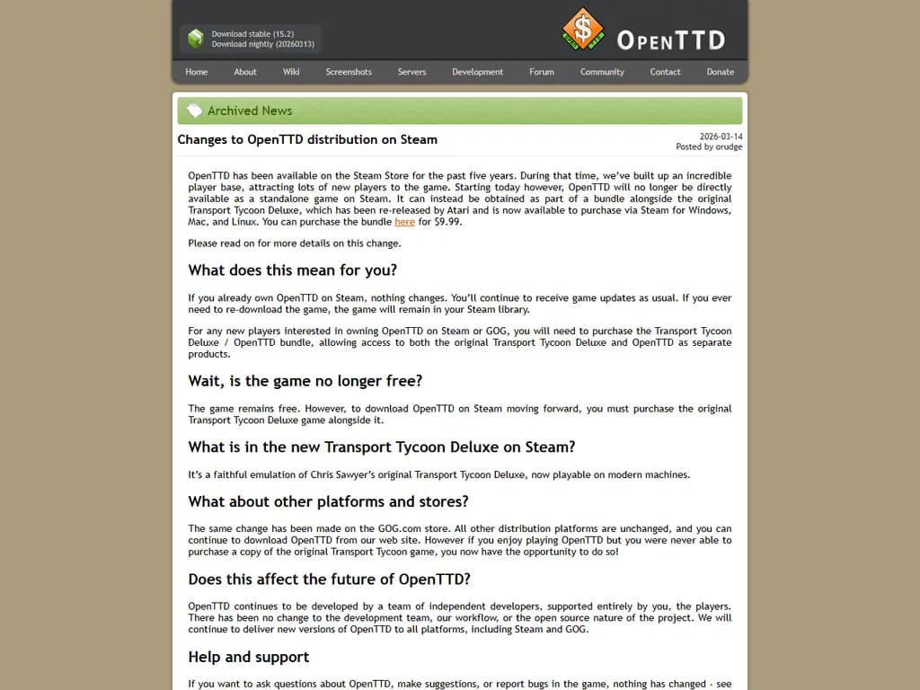 **Steamで配布されているOpenTTDの変更点**