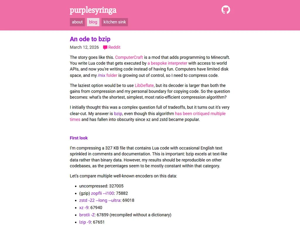 **ビジップへの賛歌**
ビジップ、力強き圧縮器
そのアルゴリズムは揺るがず確か。
生のデータの絡まった網から
静かに隠れたパターンを抽出し。
各バイトブロックで最頻符号を先に見つけ、
エントロピーと秩序の舞いを繰り広げ、
騒音を整然とした構造へ変える。
二十四キロバイトのスライディングウィンドウで
ストリームを滑らせ、繰り返しを合わせテーブルを作り、
さらにフムマン符号で圧縮を深める。
出力は小さく速度は安定し、
それでも情報は一つとして残さない。
ファイルサイズの静かな守護者、
ビジップよ、あなたの揺るぎない働きを讃えます。
