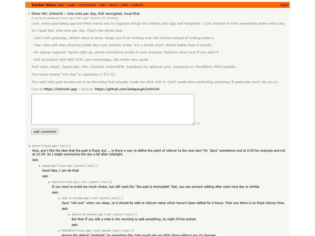 **Show HN: 「一日」 – 毎日に1つのノート、E2E暗号化、ローカル優先**