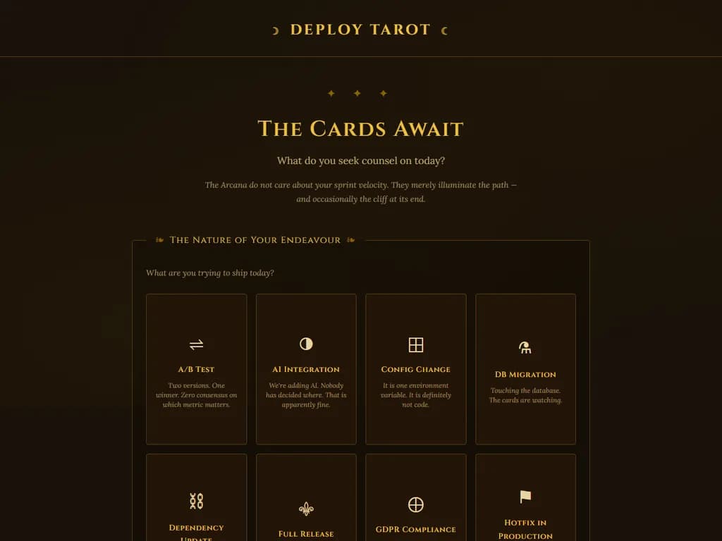 **Deploytarot.com – デプロイメントのタロットカードリーディング**
「デプロイプロジェクトに対する洞察に満ちた指針を、個別化されたタロットカードリーディングで得ましょう。」
