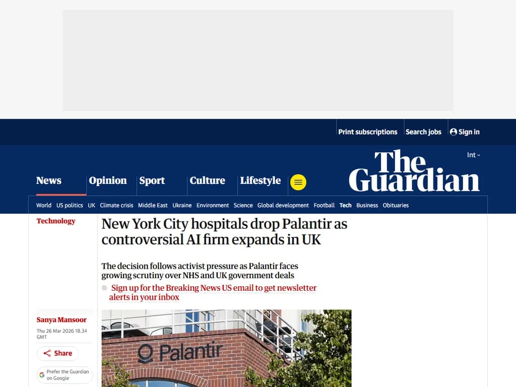 **ニューヨーク市の病院が、英国で拡大する論争的AI企業パラントリを退会**
ニューヨーク市保健衛生局は、データ分析会社パラントリ・テクノロジーズ(Palantir Technologies)との協業を中止したと発表しました。パラントリは最近英国で事業拡大を進めており、その人工知能の活用に伴うプライバシーや倫理的懸念が高まる中、同局はこの決定を下しました。