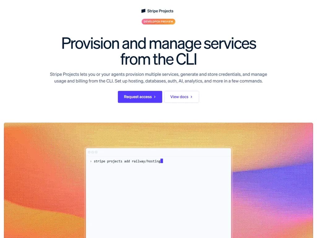 **Stripe Projects:CLI でサービスのプロビジョニングと管理**
- **新しいプロジェクトを作成する**
`stripe projects create --name <project-name>`
- **既存のプロジェクト一覧を表示する**
`stripe projects list`
- **プロジェクトを削除する**
`stripe projects delete <project-id>`
- **プロジェクトにサービスをプロビジョニング(設定)する**
`stripe projects provision <project-id> --service <service-name>`
- **プロビジョニングの状態を確認する**
`stripe projects status <project-id>`