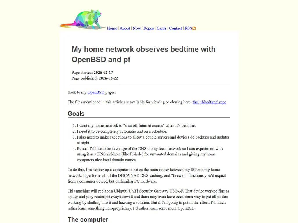 私の自宅ネットワークでは、OpenBSD と PF を使用して就寝時間を制御しています。