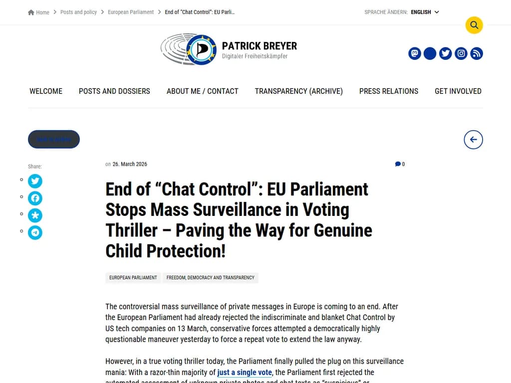「チャットコントロール」の終結:EU議会、マスモニタリングを中止